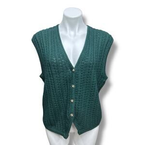 Vintage 80s Sweater Vest L Knit Button Front Green Grannycore Campcore Academia